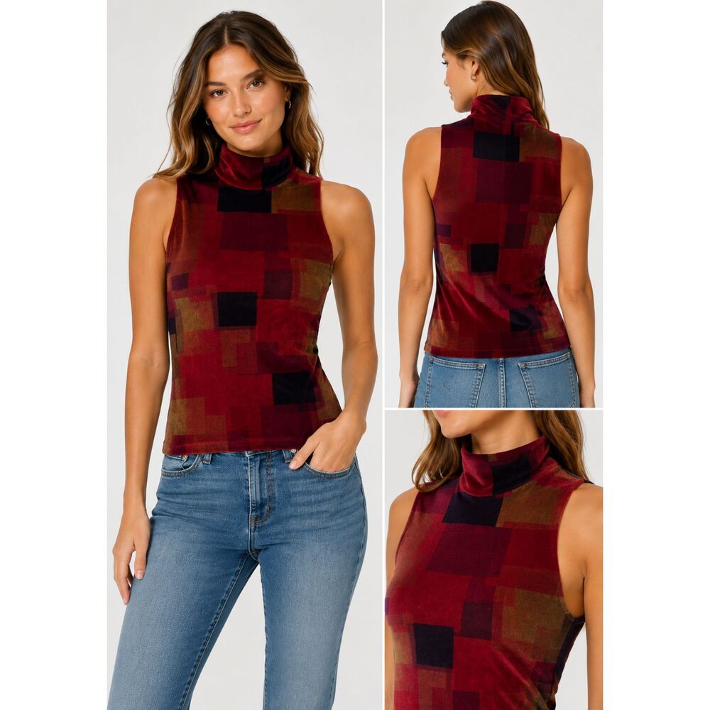 Karen Kane Lifestyle Velour Mock Neck Top M Burgundy Geometric Arty Stretch